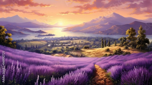 Amazing landscape with lavender fields and mountains in the background. The lavender is in full bloom and the colors are vibrant.
