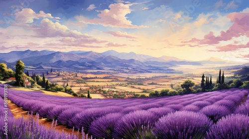 Amazing view of endless lavender fields stretching to the horizon with a beautiful sunset sky and mountains in the distance.