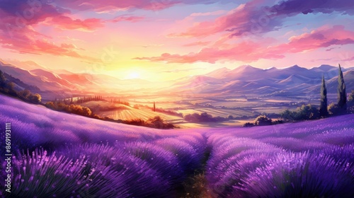 Amazing landscape with lavender fields and mountains in the distance. The setting sun casts long shadows over the rolling hills. photo