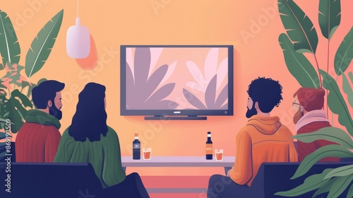 Group of friends watching TV in a cozy living room with plants, enjoying drinks and spending quality time together in a colorful setting.
