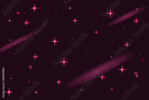 Night Clear Starry Sky in Pink Halftone Color, Pixel Art Style Background