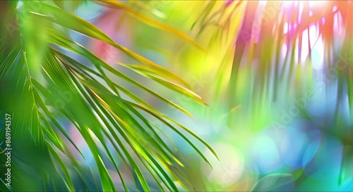 Trendy Bali-style summer backdrop with copy space, palm leaves, sunlight and shadows.