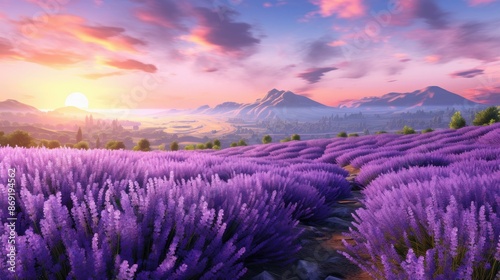 Amazing landscape with lavender fields and mountains in the distance. The lavender is in full bloom and the colors are vibrant.