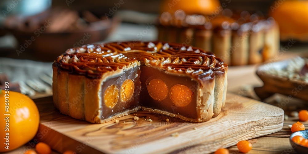 Decadent chocolate mooncake with rich filling, a perfect treat for festive occasions and celebrations. Decadent chocolate mooncake with rich filling, a perfect treat for festive occasions and celebrations.