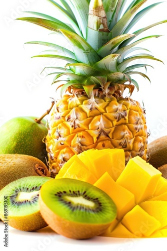 A vibrant assortment of tropical fruits including pineapple, kiwi, mango, and pear, showcasing their freshness and vibrant colors. photo