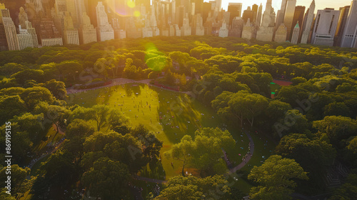 Aerial view of Central Park with skyline backdrop photo