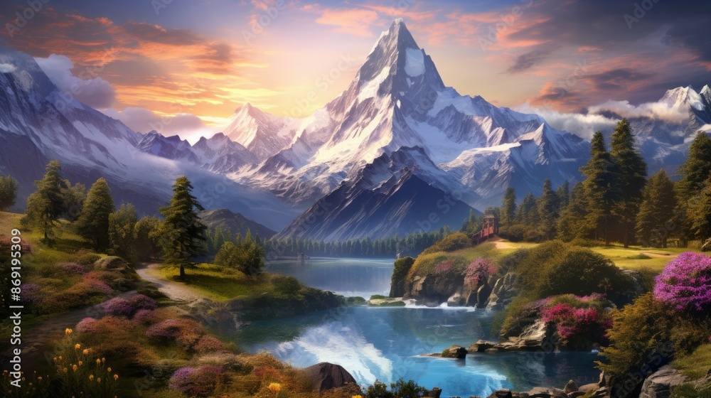 Fototapeta premium The majestic mountain landscape is a sight to behold. The towering peaks are covered in snow.