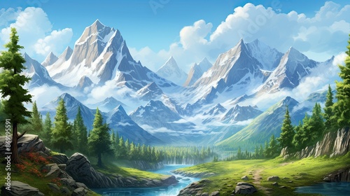 The image is of a beautiful mountain landscape. © BozStock
