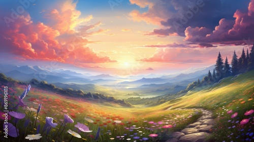 Fototapeta Naklejka Na Ścianę i Meble -  A beautiful landscape image of a valley with a river running through it.