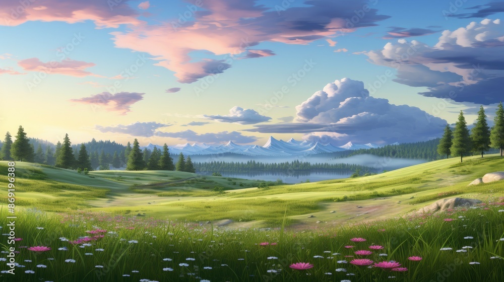 Fototapeta premium Tranquil mountain landscape with a beautiful lake. The sky is blue with hazy clouds and the sun is shining brightly.