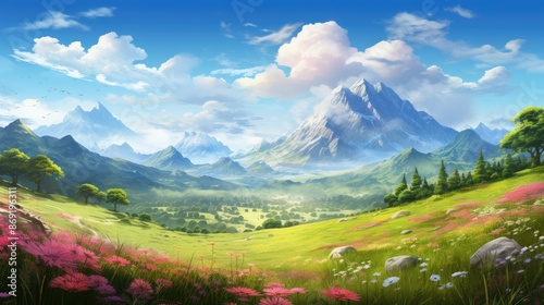 A beautiful landscape with a mountain range in the distance. The foreground is a lush green field with flowers in bloom. photo