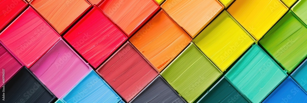 Fototapeta premium Array of colorful square paint containers in rows.