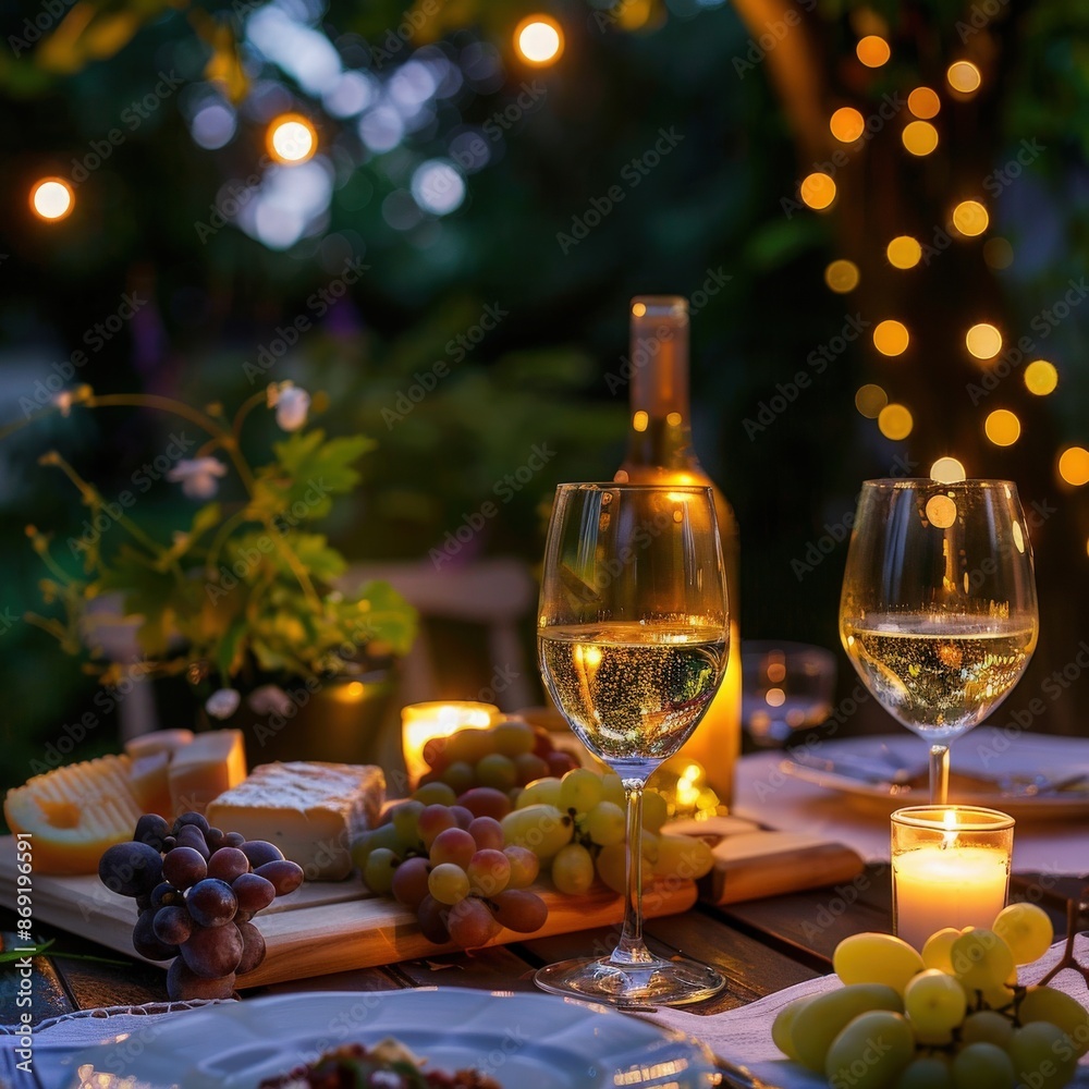 Elegant evening outdoor table setting with wine, grapes, cheese, and candles under fairy lights, creating a cozy and romantic ambiance. Elegant evening outdoor table setting with wine, grapes, cheese, and candles under fairy lights, creating a cozy and romantic ambiance.