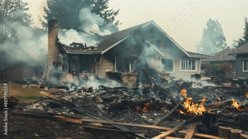 Charred remains of a home with smoke still rising, fire damage, aftermath of a blaze