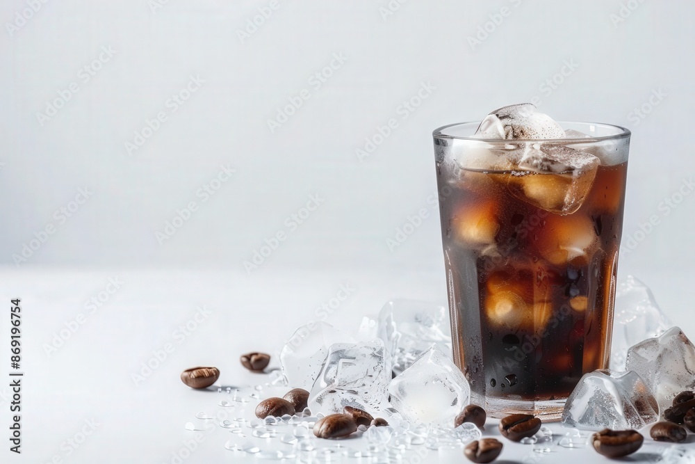 Refreshing iced coffee in a glass with ice cubes on white background, surrounded by coffee beans. Perfect for summer drinks concept. Refreshing iced coffee in a glass with ice cubes on white background, surrounded by coffee beans. Perfect for summer drinks concept.