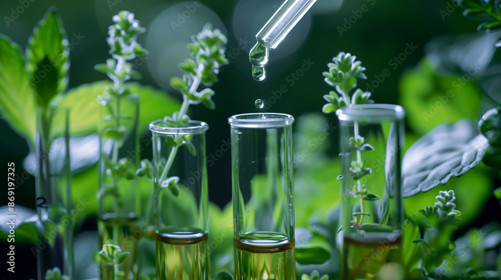 Dropper over a test tube in the laboratory. Combining a chemical with a plant extract. Concept for making natural cosmetics