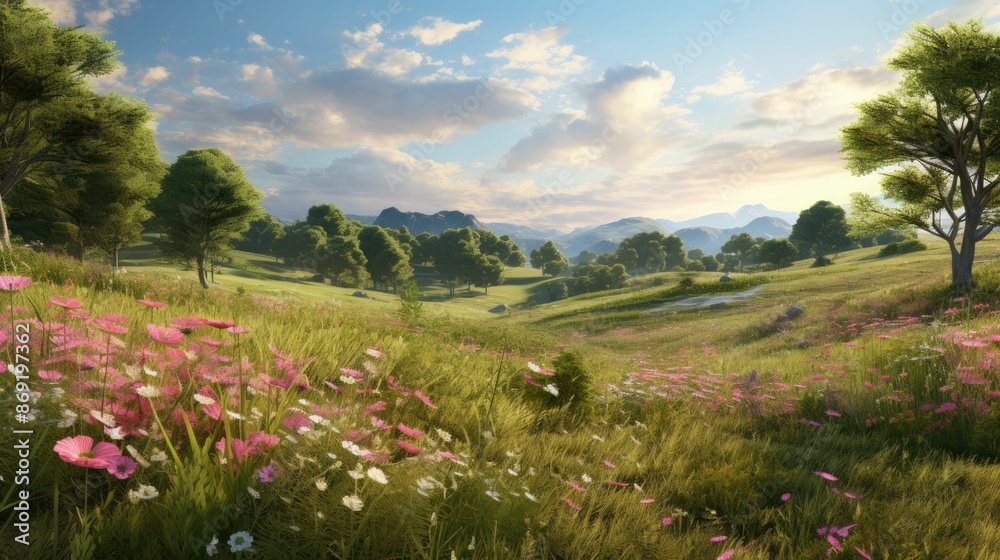 The image is of a beautiful landscape with a large green field of grass and flowers in the foreground. The image is of a beautiful landscape with a large green field of grass and flowers in the foreground.