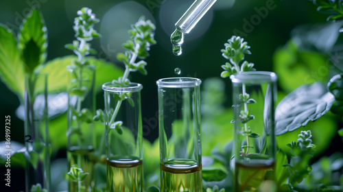 Obraz na płótnie Dropper over a test tube in the laboratory. Combining a chemical with a plant extract. Concept for making natural cosmetics w salonie