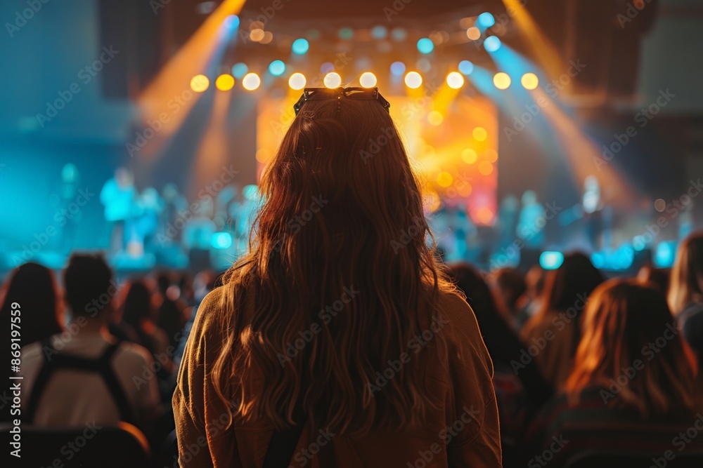 Fototapeta premium A young woman watching a live concert performance with vibrant stage lights.