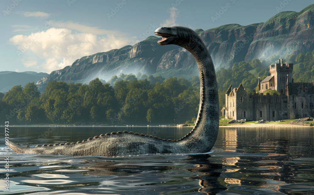 Fototapeta premium Loch Ness Monster Emerging From the Depths