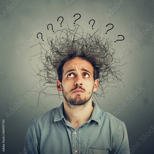 A man with messy hair looking up with a confused expression, surrounded by sketched question marks, symbolizing confusion, uncertainty, or mental chaos.