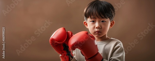 A young boy with a determined look on his face wears red boxing gloves, standing against a neutral background, embodying focus, strength, and the spirit of sportsmanship. photo