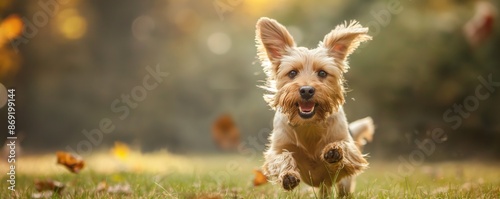 An energetic and happy dog runs outdoors with its ears flapping in the air, embodying freedom and excitement in a natural setting with warm lighting and a blurred background.