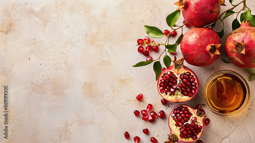 Honey and pomegranate on table with copy space