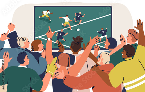 People crowd watching soccer game, sport match on TV screen. Happy football fans, back view, cheering team, celebrating goal in championship. Flat vector illustration isolated on white background