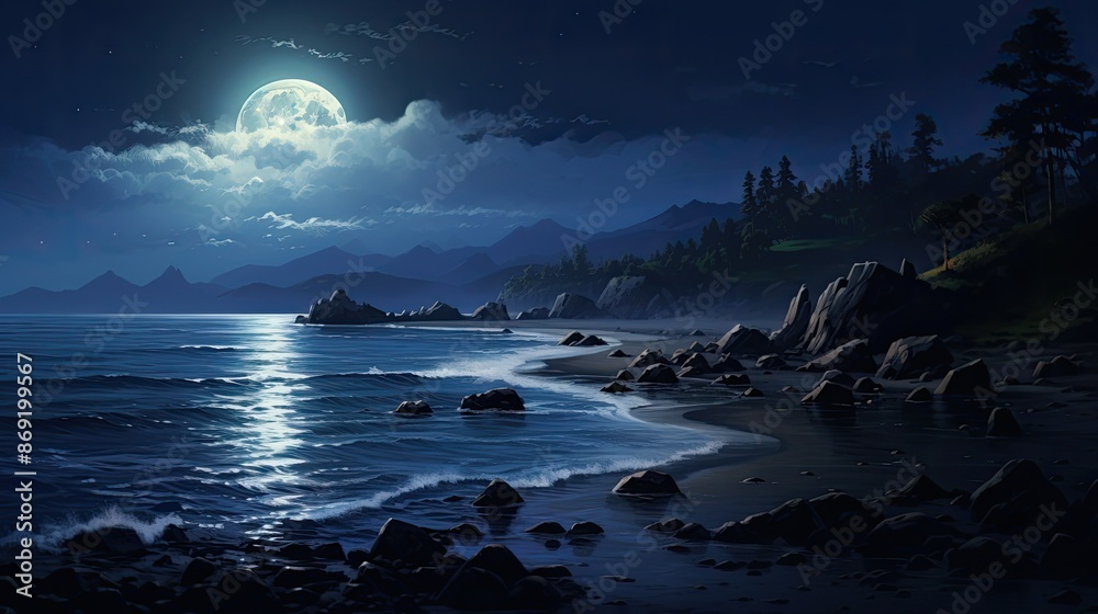 The full moon rises over a rocky beach. The waves are gently lapping at the shore. The trees are silhouetted against the sky. The full moon rises over a rocky beach. The waves are gently lapping at the shore. The trees are silhouetted against the sky.