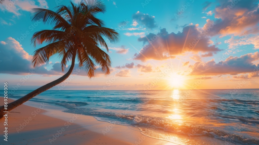 beautiful tropical beach with palm tree at sunset. caribbean summer landscape background., beach, summer vacation and travel concepts beautiful tropical beach with palm tree at sunset. caribbean summer landscape background., beach, summer vacation and travel concepts