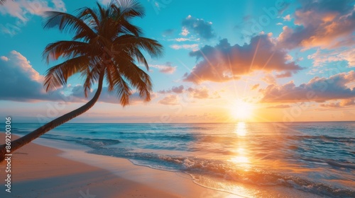beautiful tropical beach with palm tree at sunset. caribbean summer landscape background., beach, summer vacation and travel concepts