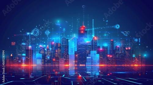 Futuristic Cityscape with Digital Network