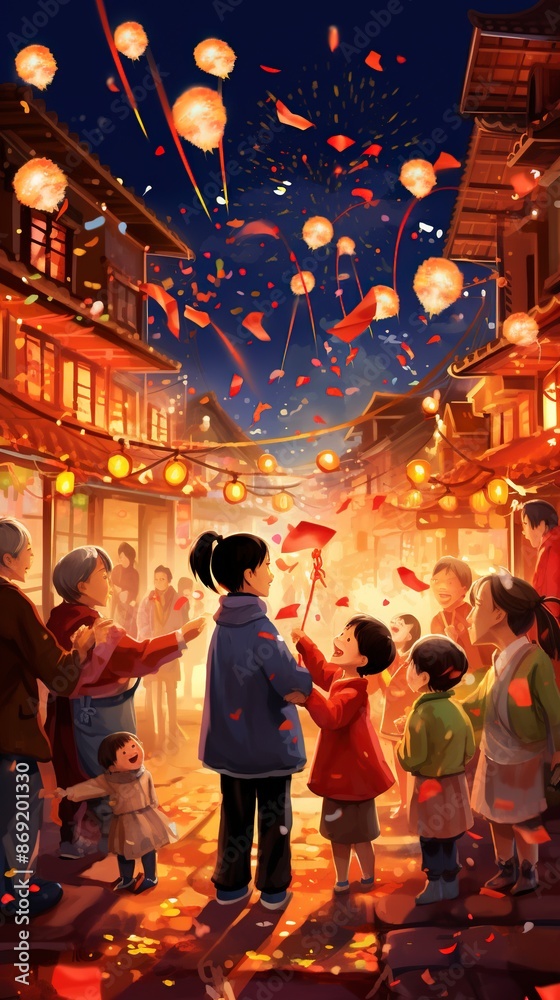 Mid-range shot (Happiness is always with you): On the night of the Spring Festival, a family is setting off fireworks and sky lanterns outdoors.,wuxia, generative ai Mid-range shot (Happiness is always with you): On the night of the Spring Festival, a family is setting off fireworks and sky lanterns outdoors.,wuxia, generative ai