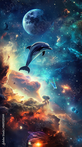 Graceful dolphin navigates celestial marvels in space photo