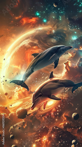 Dolphins gliding through celestial wonderscape photo