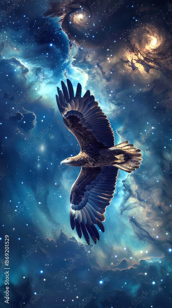 Obraz premium Eagle gliding through vibrant cosmic stars field.