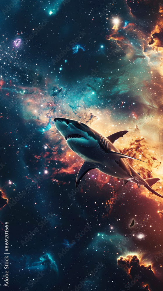 Sharks swim through cosmic colors with bright starlight Sharks swim through cosmic colors with bright starlight