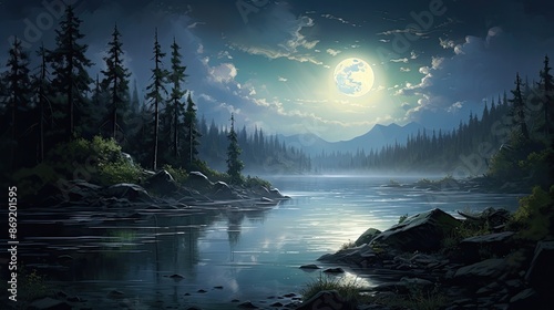The full moon rises over a tranquil mountain lake, casting a silvery glow on the water and illuminating the surrounding forest.