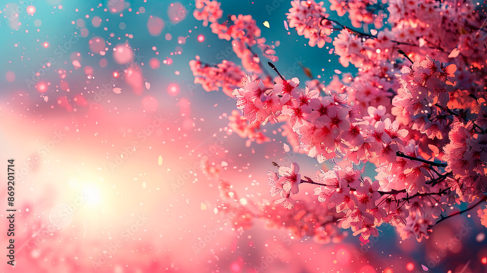 Blooming cherry blossoms at sunrise with a soft, dreamy background. Concept: nature, beauty, dawn. Business use: florists, nature magazines, spring promotions, greeting cards. Blooming cherry blossoms at sunrise with a soft, dreamy background. Concept: nature, beauty, dawn. Business use: florists, nature magazines, spring promotions, greeting cards.