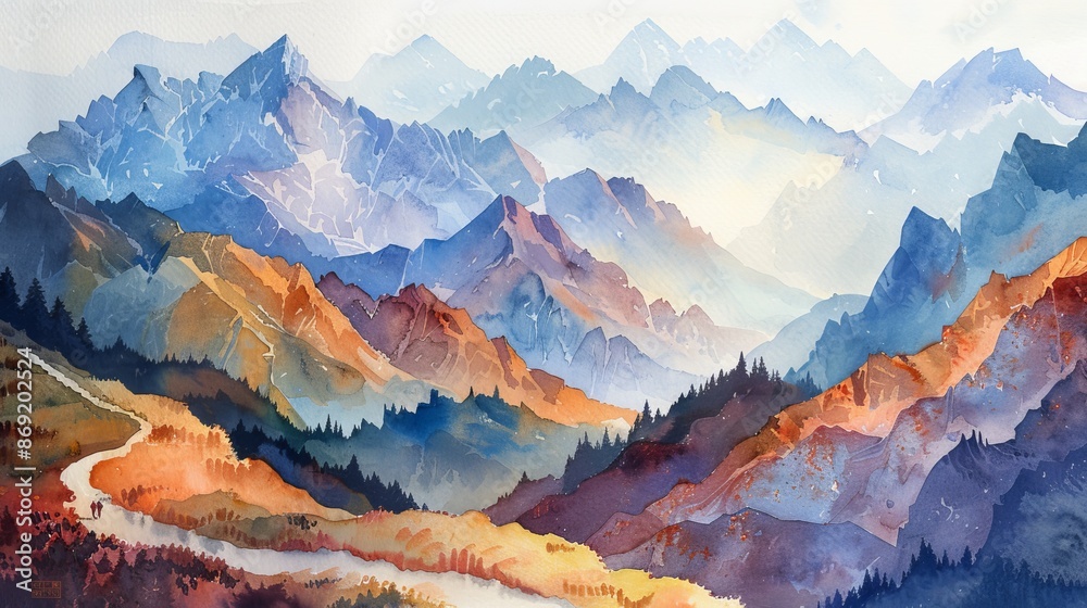 Watercolor Painting. Majestic Mountain Landscape with Winding Road Watercolor Painting. Majestic Mountain Landscape with Winding Road