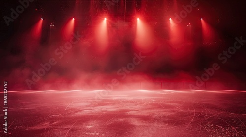 dark Red background ice rink illuminated by spotlights. Generative ai © FDStock