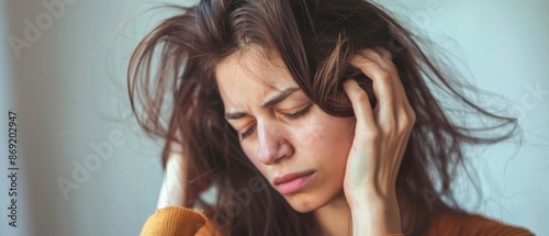 Woman with a worried expression looking at fallen hair on her shirt, everyday hair loss, concern