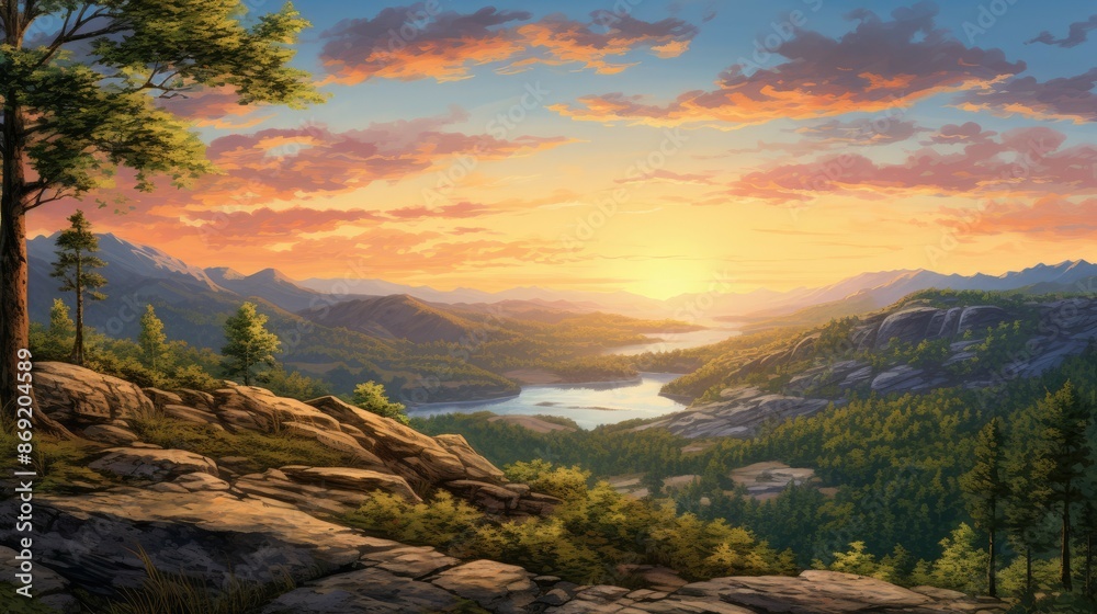 The sun sets over a beautiful mountain landscape. The sky is ablaze with color, and the mountains are silhouetted against the horizon. The sun sets over a beautiful mountain landscape. The sky is ablaze with color, and the mountains are silhouetted against the horizon.