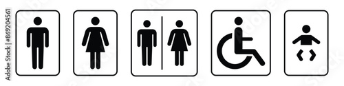 washroom signs. printable sticker of toilet symbol with man woman wc baby icons. restroom bathroom and change room sign. transparent png and vector illustration.