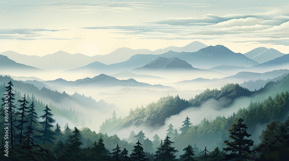 The image is of a beautiful mountain landscape. The mountains are in the distance and are covered in snow. The foreground is a forest of green trees. The image is of a beautiful mountain landscape. The mountains are in the distance and are covered in snow. The foreground is a forest of green trees.