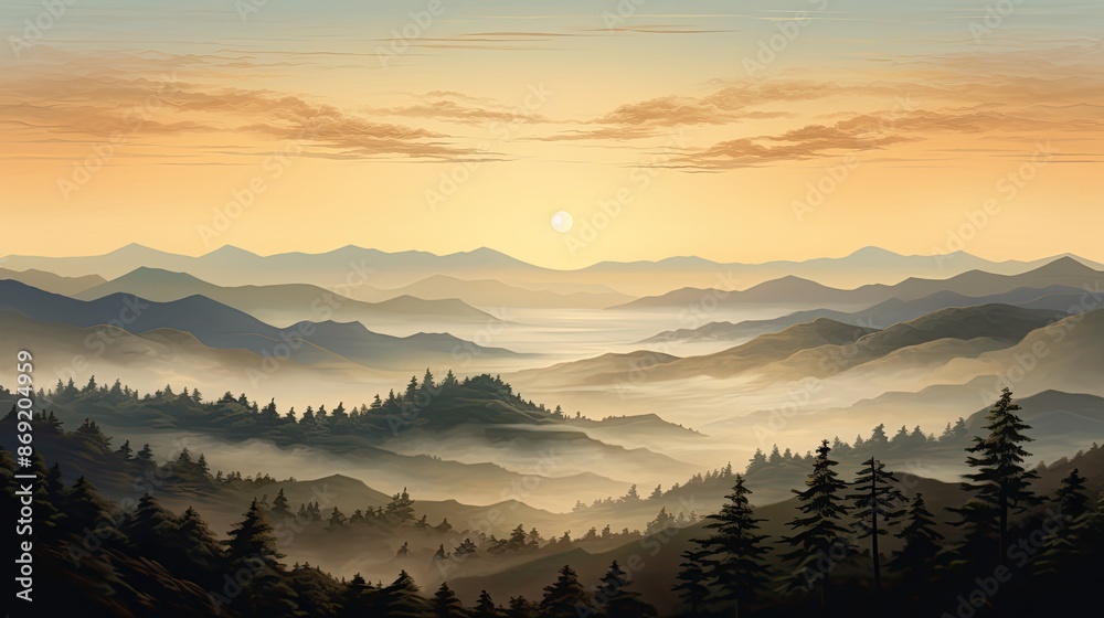 Obraz premium The sun sets over a beautiful mountain landscape. The sky is a deep orange, and the clouds are a light pink.