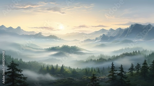 The morning mist gently caresses the lush green hills, revealing a tranquil landscape adorned with majestic mountains.