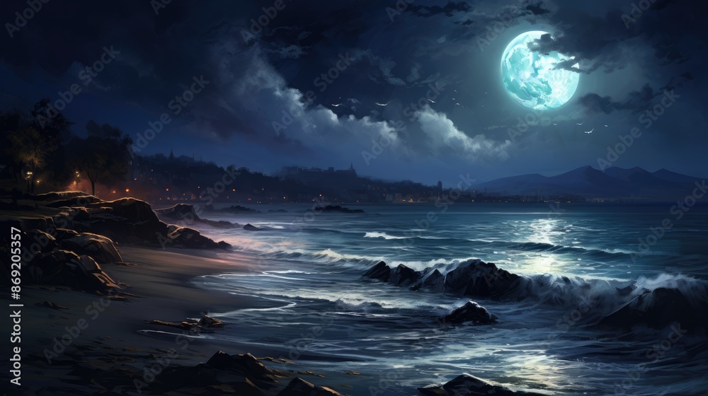 The full moon rises over a rocky beach. The waves crash against the rocks, and the wind whips through the trees. The full moon rises over a rocky beach. The waves crash against the rocks, and the wind whips through the trees.