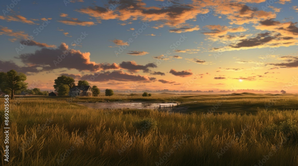 The sun sets over a golden field of wheat, casting long shadows across the land. The sun sets over a golden field of wheat, casting long shadows across the land.